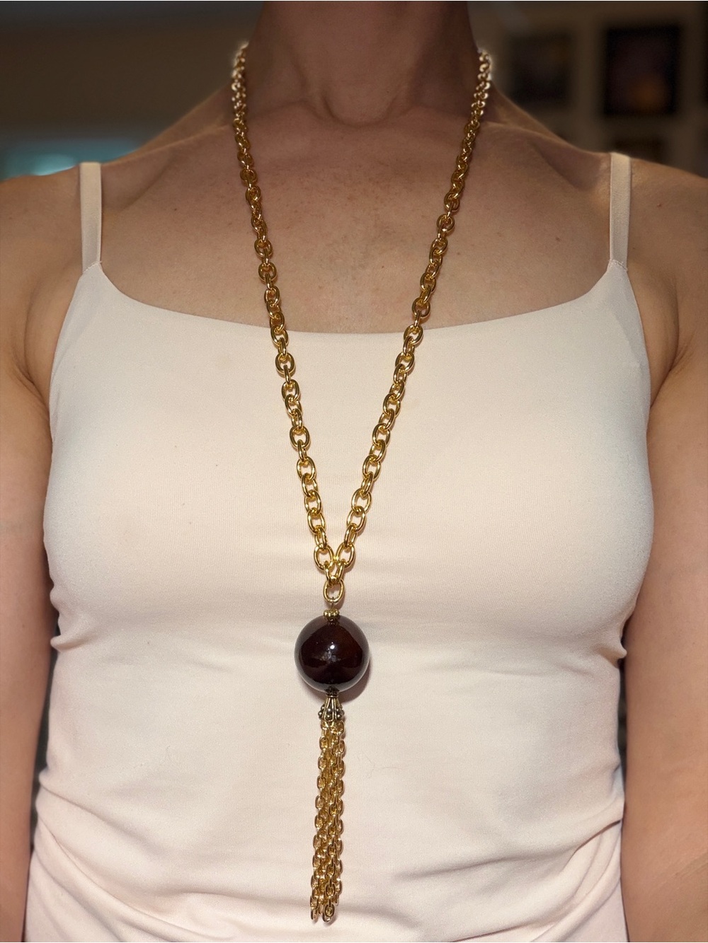 Gold Chain Necklace with Brown Pendant Tassel - Women Jewelry